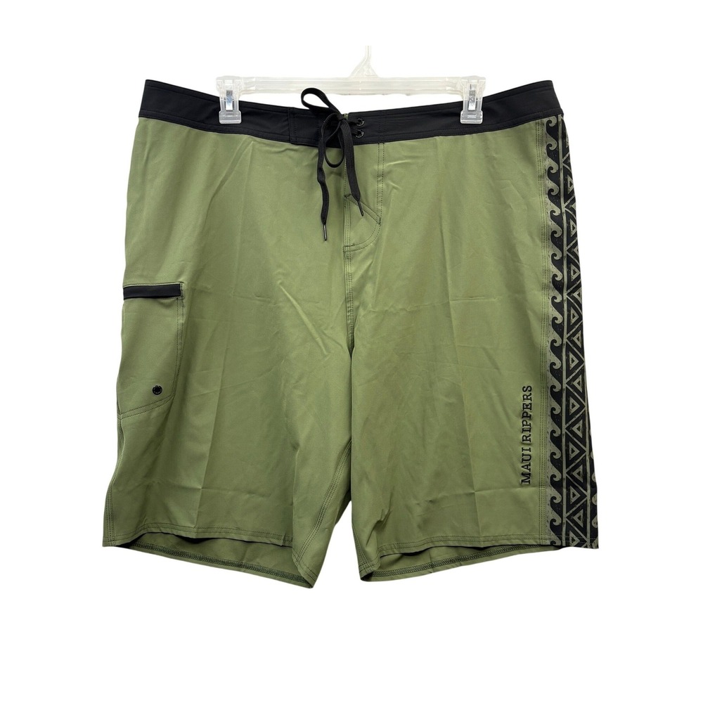 Maui Rippers Tribal Olive Boardshorts Stretch Surf‎ Swim Cargo Pocket Casual  42